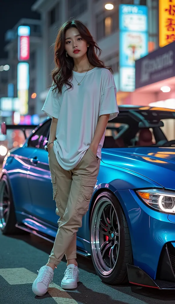 masterpiece realisme a beauty cute korean woman,wearing white tshit oversize,wearing short cargo pant,and sneaker white for women,standing near sport car BMW M4 blue metallic chrome paint,with rainbow effect,chrome racing wheel for drift car,lowground clea...