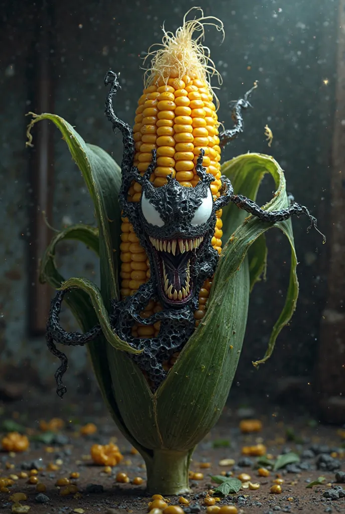 Create a super realistic video of a corn dressed as Venom