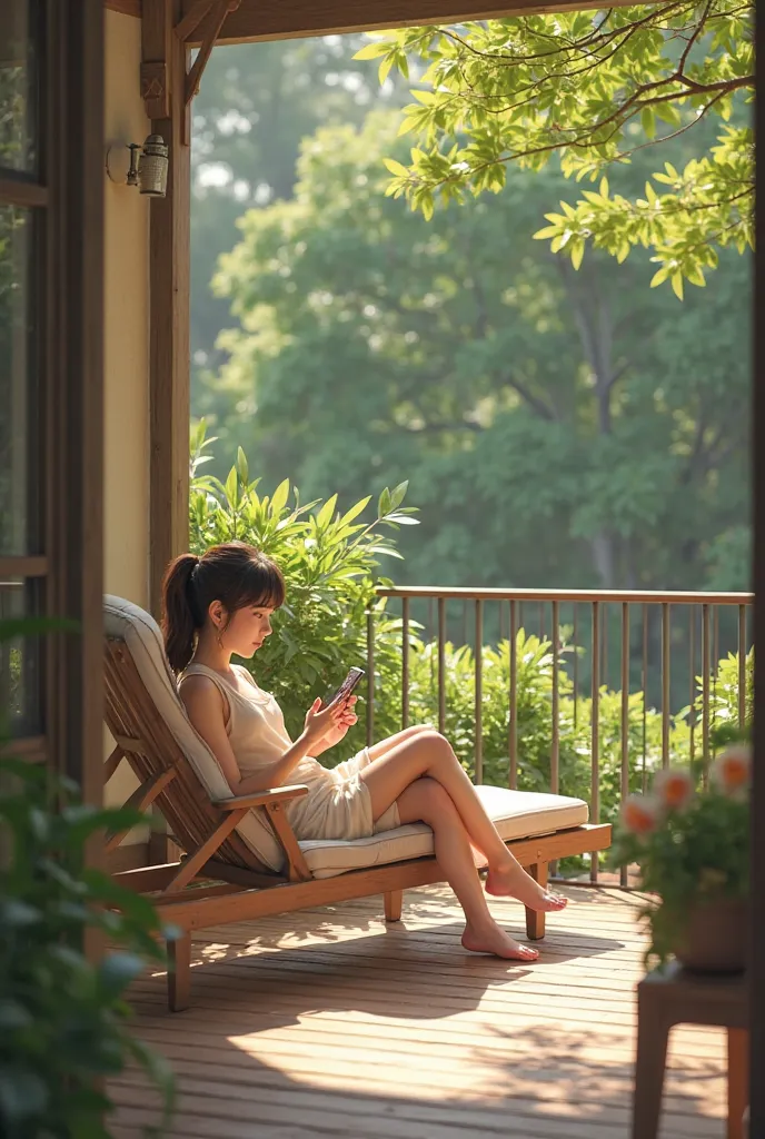 Create a realistic image of a young woman sitting on a deckchair on a cozy balcony using your cell phone. You can see that it is a balcony with a well-kept garden with lots of grass and trees.