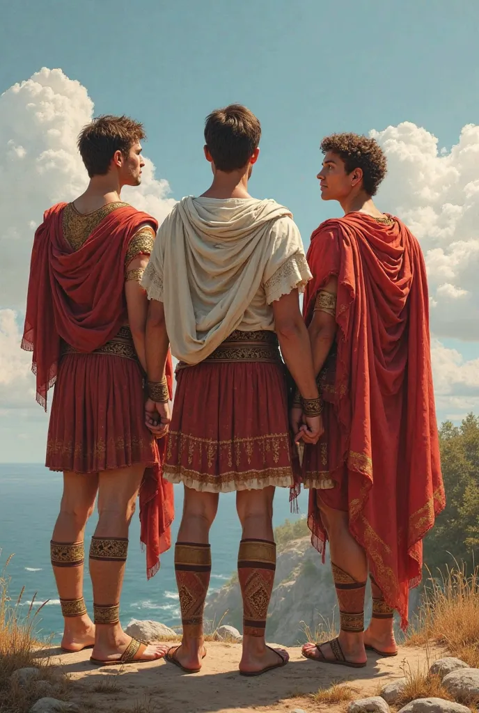 Three Romans, standing next to each other, landscape picture, they are standing as though it can be divided into three parts (maybe for a matching profile picture) the background should be well detailed too, they are all looking forward 