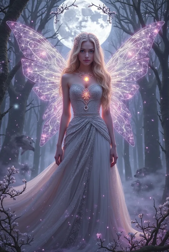 **Create a book cover for "The Forbidden Luna":**
Author's name "Avijo" 
- **Character**: Elara Moonvale at the forefront, showcasing her ethereal beauty with shimmering, translucent wings. She wears a regal gown, subtly adorned with patterns indicating he...