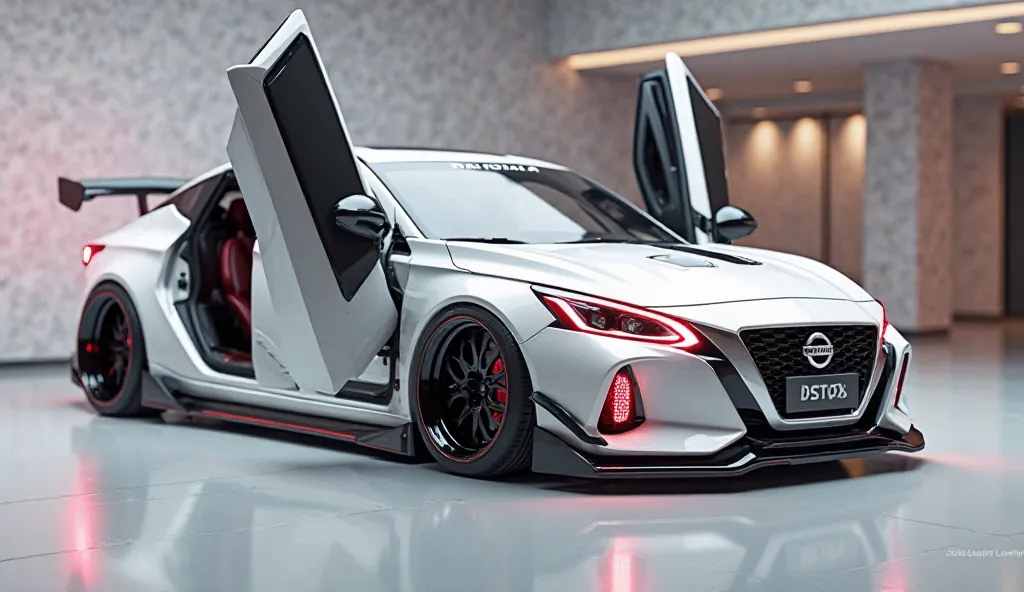 3D render of a heavily modified (2026 Nissan Altima,)in (white)colour, (full side view) The car features opening doors, ultra-high-detail glossy and shiny modifications, including sleek add-ons. The  ( Nissan) logo is prominently displayed of the of doors,...