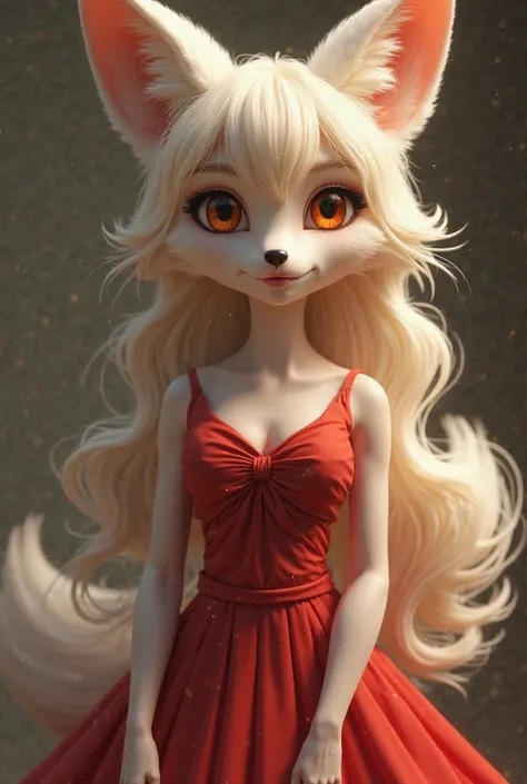 Create a female character with the face of a white fox with orange eyes with blond hair with a big wavy fringe, humanized with an ultra realistic body with a fox's face, Dressed in a red pantaludo dress, in a very beautiful realistic setting 