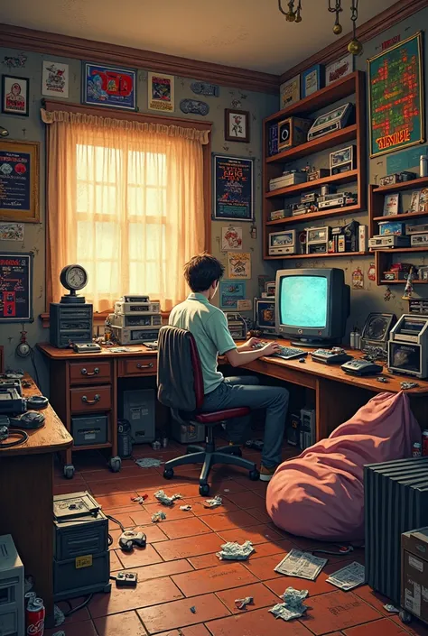 a gamer room from the 70s, with old video games, a messy ager's room, old gaming equipment