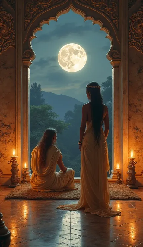 An evening scene inside the opulent palace of Hastinapura. Ancient hindu queen with big breasts and curvy body stands near a marble window, gazing at the full moon. Behind her, an ancient old hindu sage vyasa, dressed in simple sage robes, sits on a mat ma...