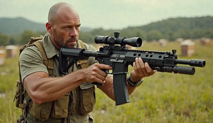 Jason Statham in beekeeper movie ready for action. Holding machine gun. 