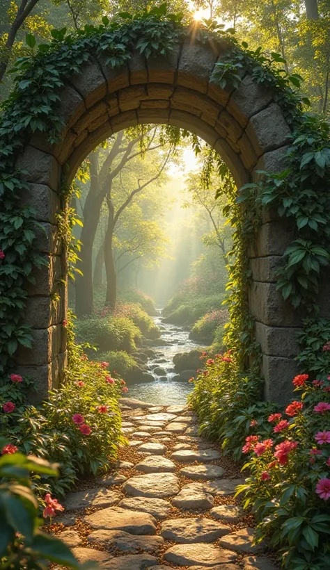 x} A first-person view of cross a majestic stone arch covered by vines and moss, entering the Garden of Eden. The observer's hands present in the foreground, gently touching the vibrant leaves that grow around the entrance. Golden rays of heavenly light cr...