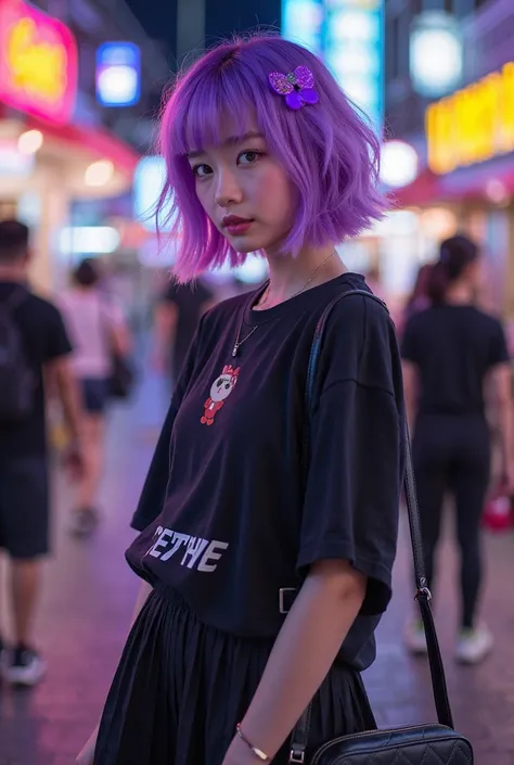 Purple wave short hair，Pink purple dyed，purple eyes，Minuscule body。Wear a black loose idol T-shirt、black pleated skirt、Thick-soled canvas shoes。Small black crossbody bag，Grab a glow stick。with purple hair clip and glitter eyes。is a tourist attraction for T...