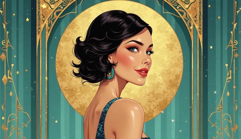 an illustration of a female figure inspired by 1920s posters, geometric patterns in turquoise and gold, reminiscent of Art Deco, sleek and bold with defined lines, geometric shapes framing the figure, subtle smiling expression, soft lighting with warm gold...