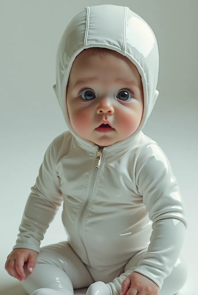 Create me a picture of a baby girl in a skin-tight latex suit