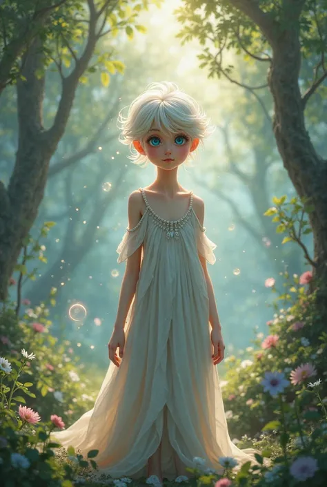 in the fantasy world, a fragile full-age adult, major boy standing, cute, blue eyes, white hair, masterpiece, 8k, high resolution, realistic, detailed, detailed facial features, gentle expression, delicate posture, glowing magical aura, enchanted forest ba...