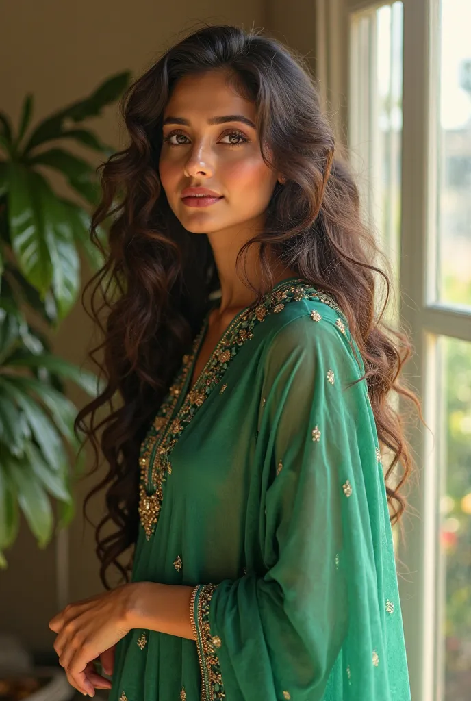 (photorealism:1.2), pakistani beautiful woman, standing at the door, patiala green suit, long curly hair, soft lighting, plants in background, window with sunlight, cozy room, relaxed pose, realistic