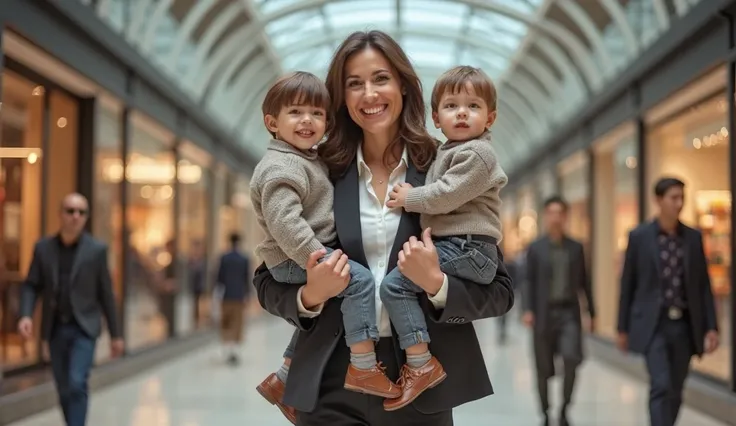 A well-dressed woman in her thirties, holding two twin boys on her lap, is standing inside a shopping center