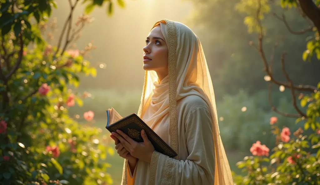 The woman standing in a garden, Quran held close, reciting dua for provision, her blue eyes gazing at the sky, sunlight on her veiled figure.