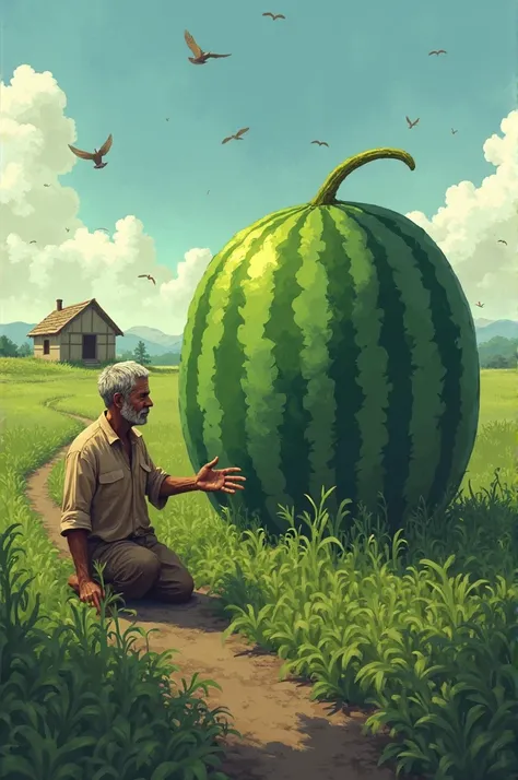 A poor farmer stands in his lush green field, looking at a massive, unusually glowing watermelon. The sky is clear, birds are flying, and a small hut can be seen in the background. The farmer has a surprised expression as he kneels to touch the strange fru...