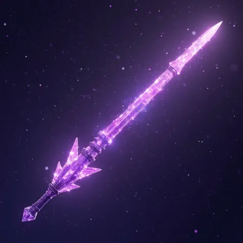 A long spear weapon made entirely of purple colored crystal. Floating galactic dimensional elements. use Zz as text