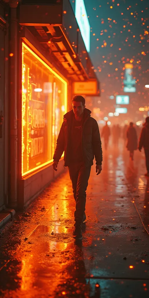 In a futuristic setting bathed in neon orange hues and deep shadows, a person moves through a vibrant cyberpunk city, yet seems disconnected from the chaos around them. With a determined expression, they walk forward, leaving behind a faint silhouette refl...