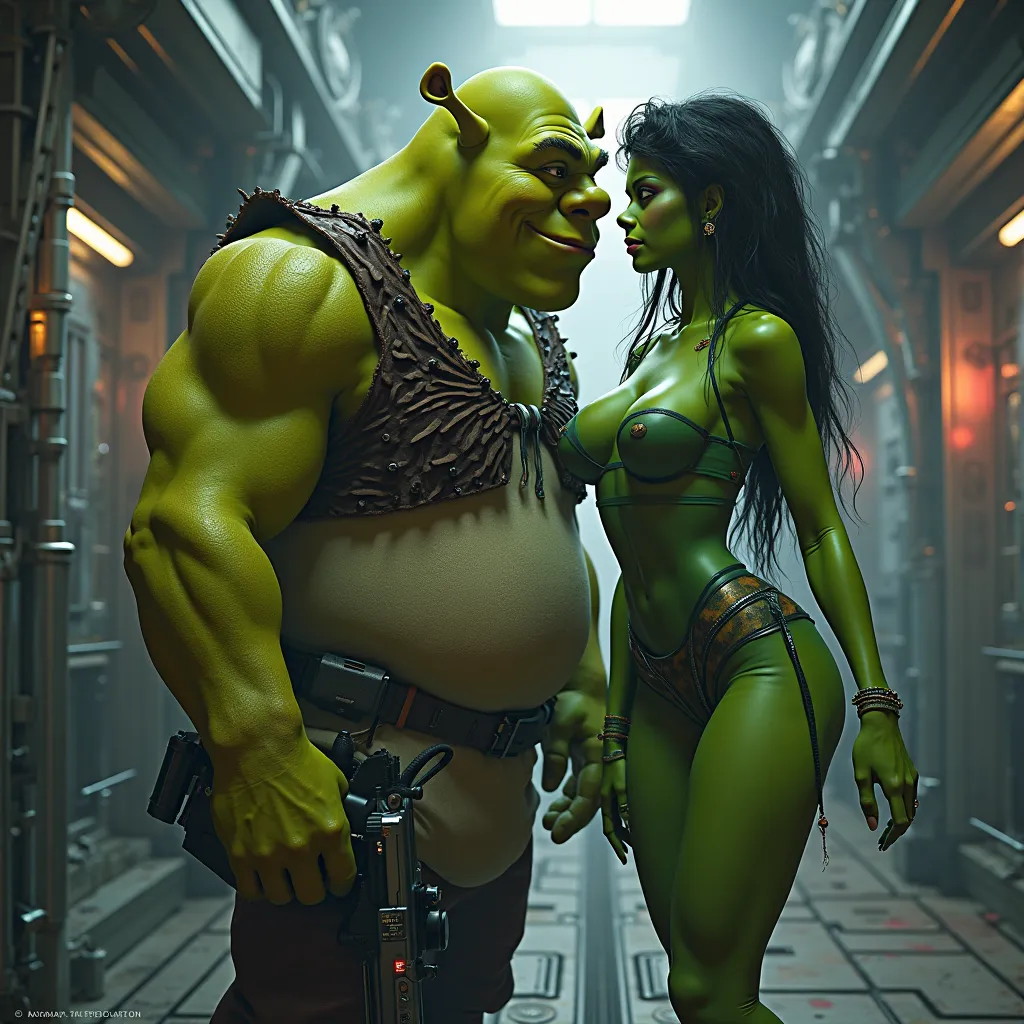 Shrek with a beautiful realistic woman with green skin playing secret agents