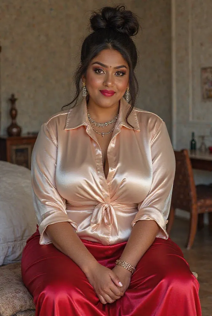 married 40-year-old Indian woman looking at the viewer, wearing shiny finish , in long silk plus size transparent white and red silk blouse , big fat ass ,wide hips,big thighs details, large hollowed out chest,  voluptuous body,fat man wide ass ,messy bun,...