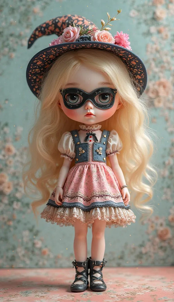 Blythe doll in cute cute clothes with a black mask