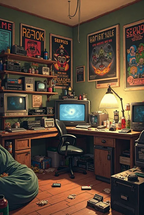 a gamer room from the 70s, with old video games, a messy ager's room, old gaming equipment
