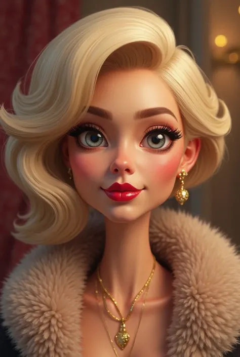 3d  macro, viewer pov, photo realistic, highly detailed caricature, portrait of the face of a beautiful, cute, adorable 30 year old blonde woman, beautiful eyes, mascara,, attractive makeup, full lips with red lipstick, gold necklace, fur lined collar. Rea...