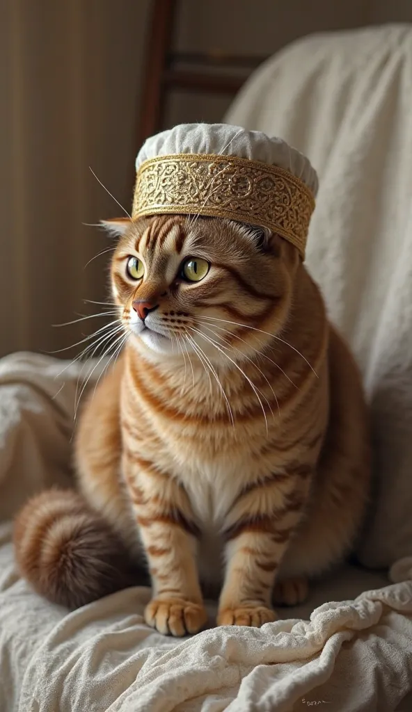 Cat wearing Muslim cap sitting on chair 