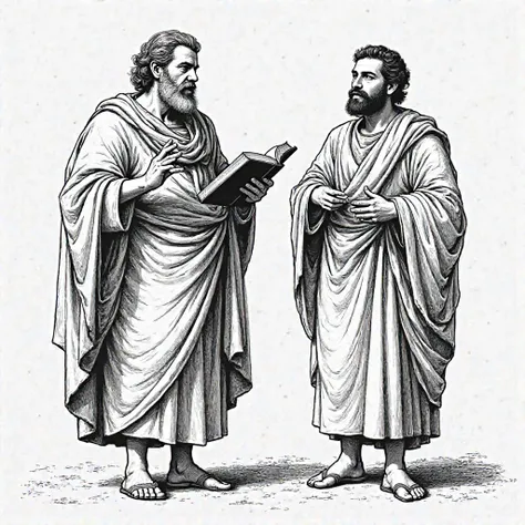 Prompt:
"An illustration in the classical engraving style, with loose and expressive features , retratando  Paulo  e Tito pregando.  Paulo , an older man with a beard, holds the Bible in one hand while gesturing with the other, preaching with authority. Ne...