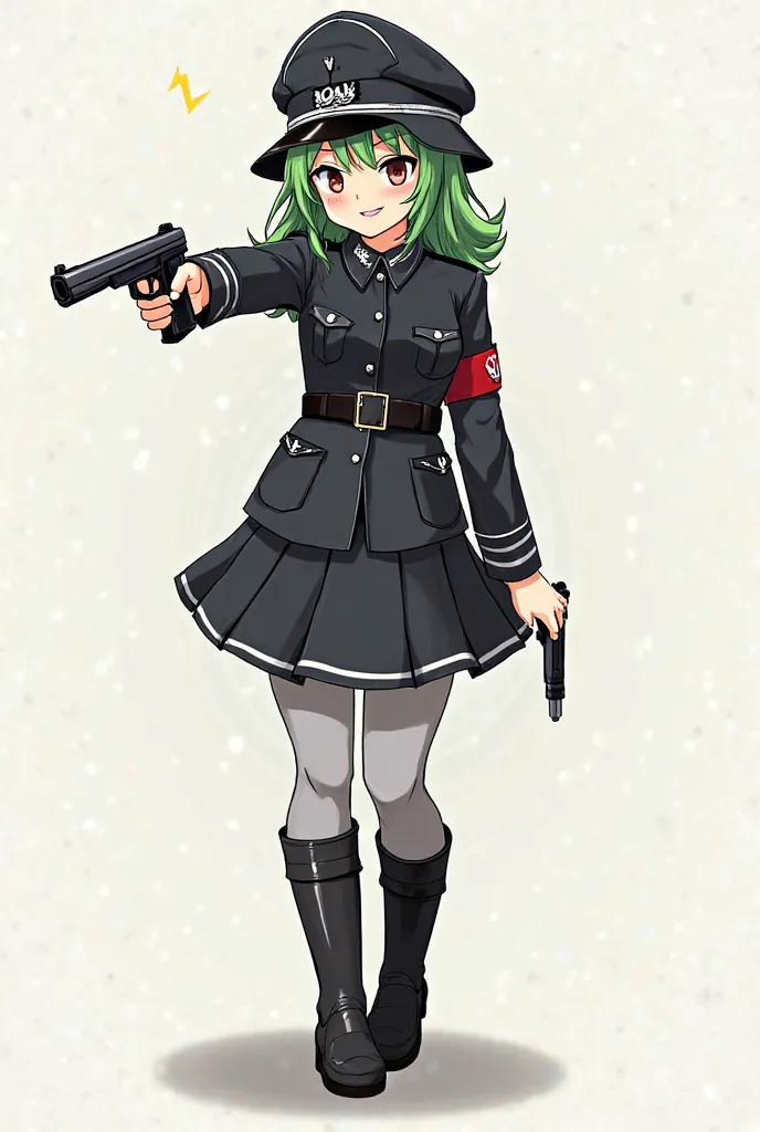 Draw a girl, a Nazi soldier, a black Nazi military uniform with her black helmet, skirt and boots, green hair and brown eyes and a gun looking with a bad smiley face in anime format to show her gray pants a little. 