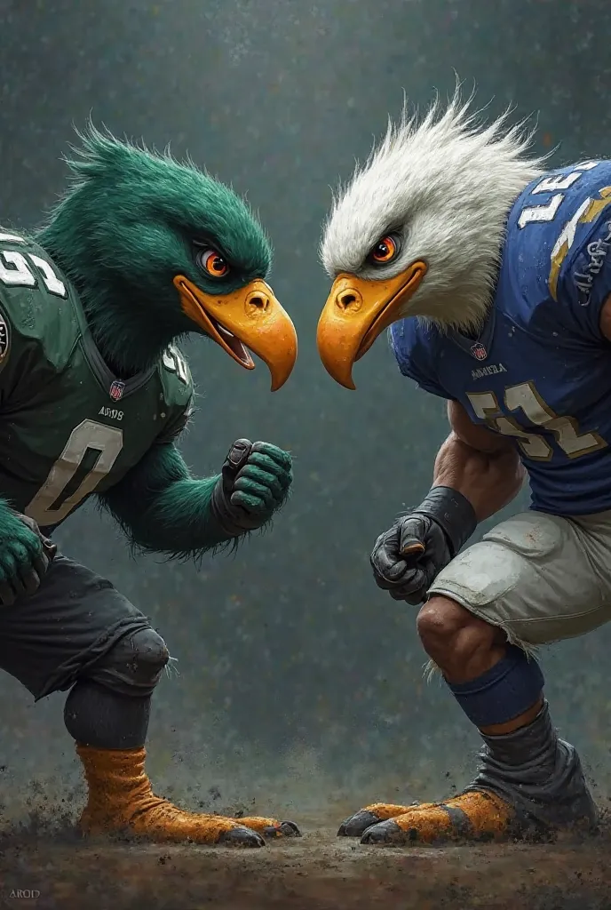 A digital painting of two football team mascots, a duck and an eagle, facing off in an intense battle scene. Both mascots are muscular and appear angry, glaring fiercely at each other. The duck is wearing a dark green jersey with black shorts, while the ea...