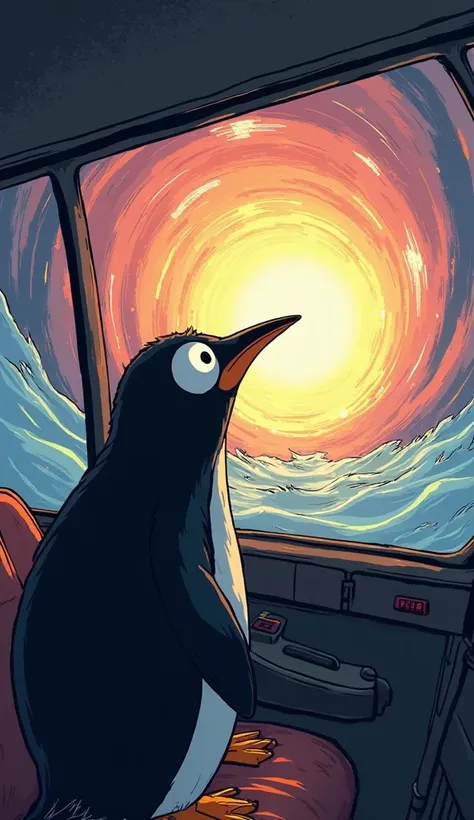 An epic, cartoon-style scene of Roberto the penguin sitting in the taxi, staring wide-eyed and terrified at the massive ultradimensional vortex swirling outside. The glowing vortex is pulsing with energy, casting an intense, eerie light on Roberto’s face. ...