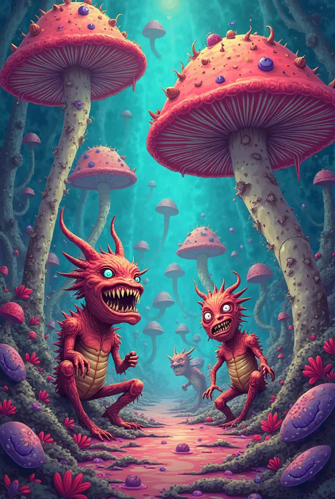 show fictional cartoon monsters in a mushroom trip