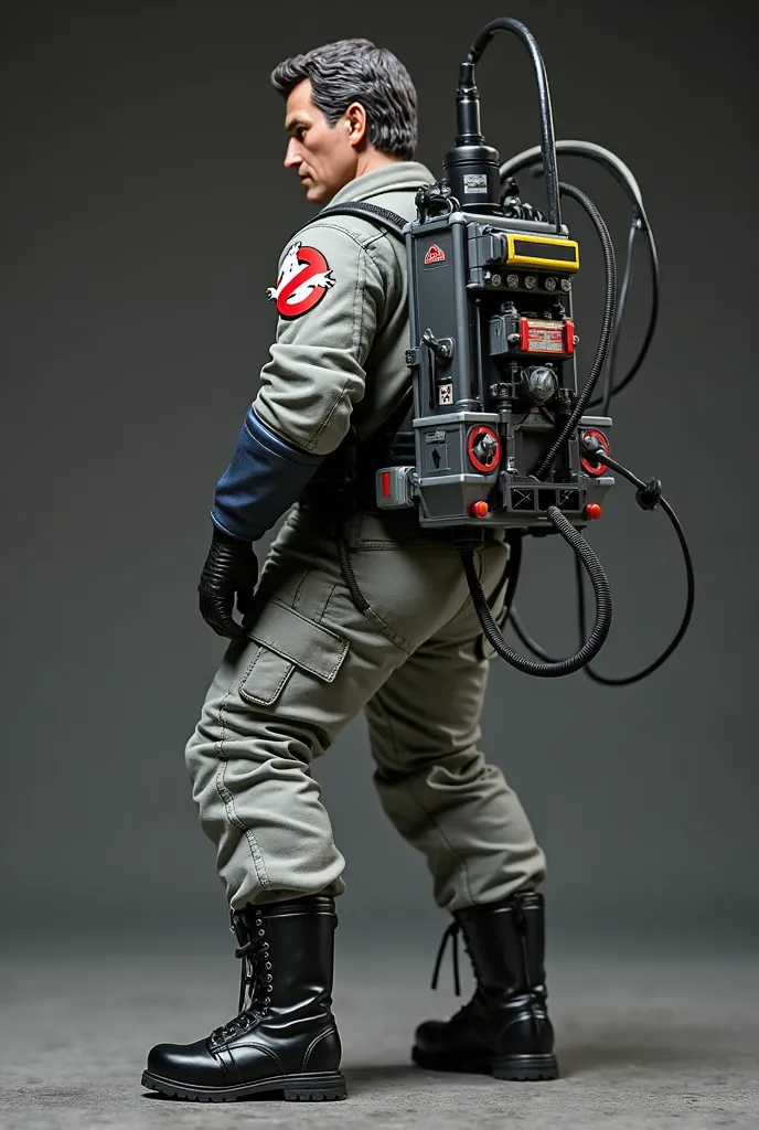 Rear view profile of ghost buster peter, gray jumpsuit with red round insignia on upper arm, black ploshed tactical boots, photon back pack with attached hose on hands, screaming, resin action figure quiron style, full body image