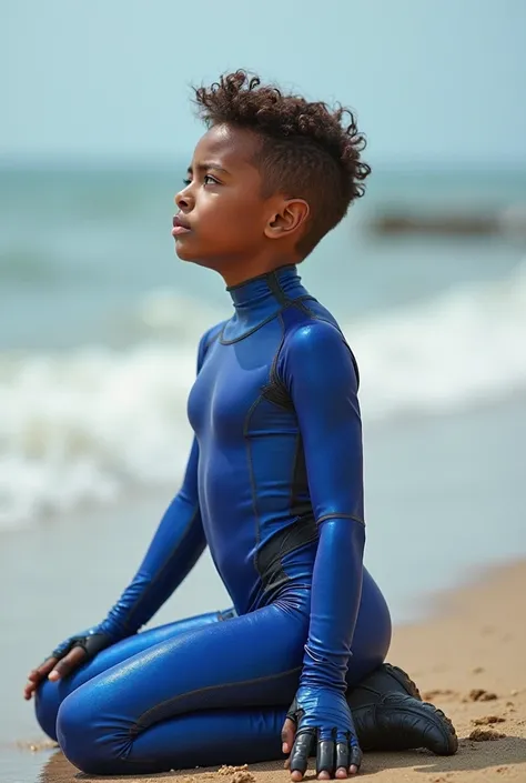  A young age boy , negro, about s, Are you kneeling on a beach, He looks up.  His hair is brown,  has brown skin ,  her eyes are brown , with a tight full-body tights in royal blue metallic, volume in his crotch . He has a slightly sad expression. The sett...