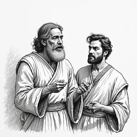 Prompt:
"An illustration in the classical engraving style, with loose and expressive features , retratando  Paulo  e pregando.  Paulo , an older man with a beard, preaching with authority. Next to him, Tito, younger, listens attentively and also speaks wit...