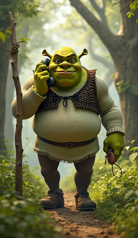 Shrek is in his forest home, answering the phone and quickly walking, holding a stick.