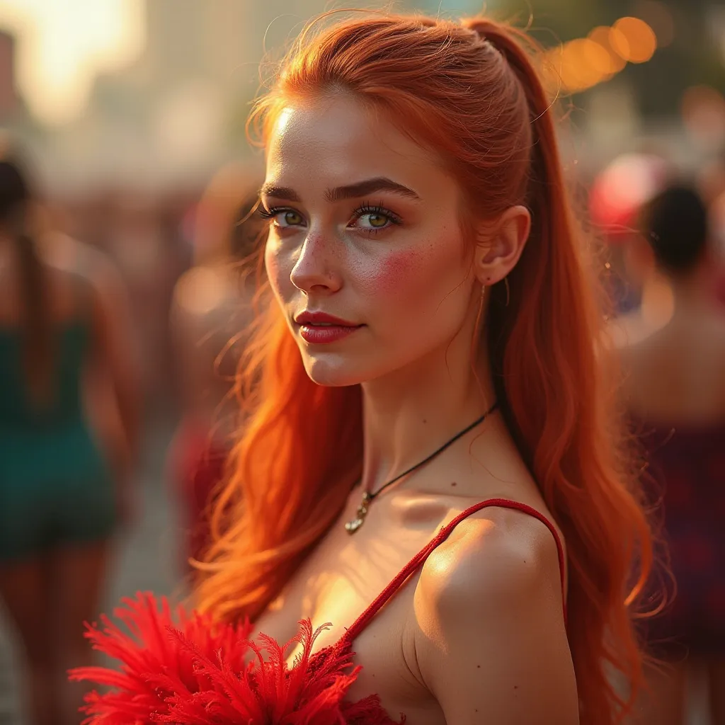 Create an image of a young white woman , long straight orange ginger hair , in a ponytail ,shiny textured skin, green eyes, medium lips with gloss, eyebrows done, red blush,wearing a fantasia linda de Carnaval em tons vermelhos.  Ela está em um bloco de Ca...