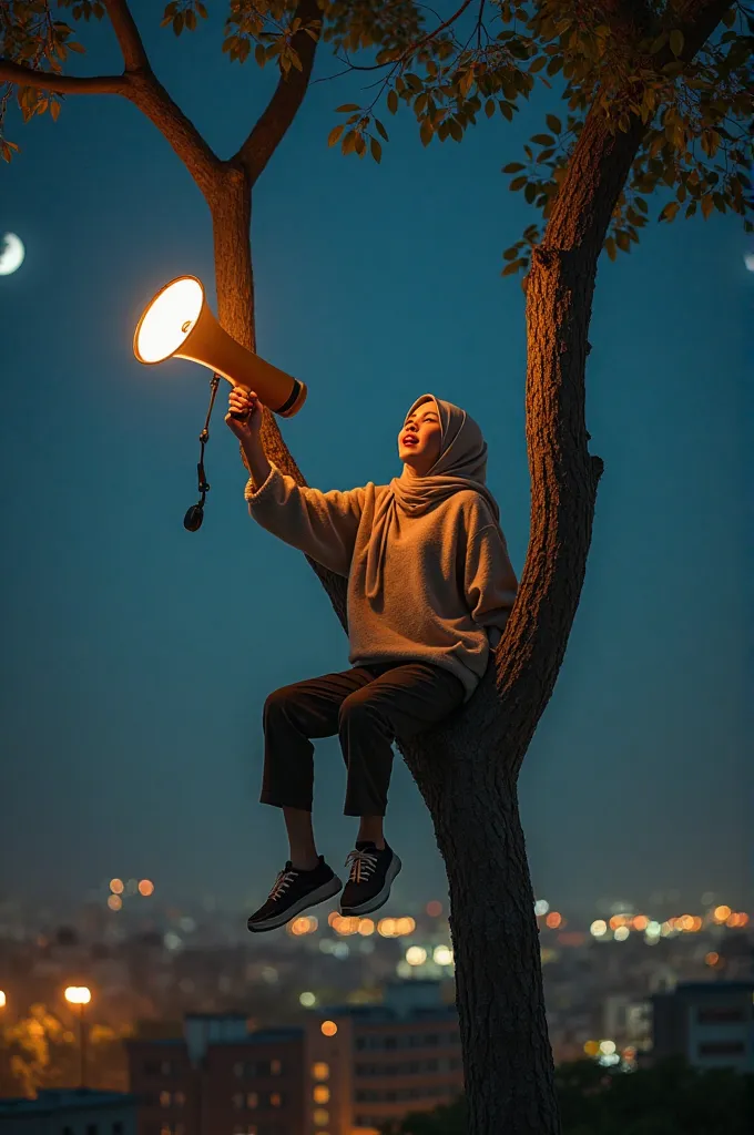 Show beautiful Korean woman with glowing makeup,  red lips,  hijab. Wearing a plain sweater of thick material and wearing standard pants. Full from a distance sitting on a very tall tree branch with many leaves, gaping and screaming while holding loudspeak...