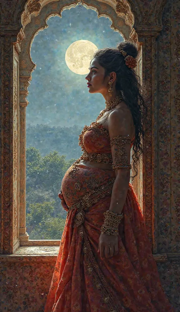 Ancient hindu queen with big breasts and curvy body, thinking about something near a window of an ancient hindu palace,gazing at the full moon. 