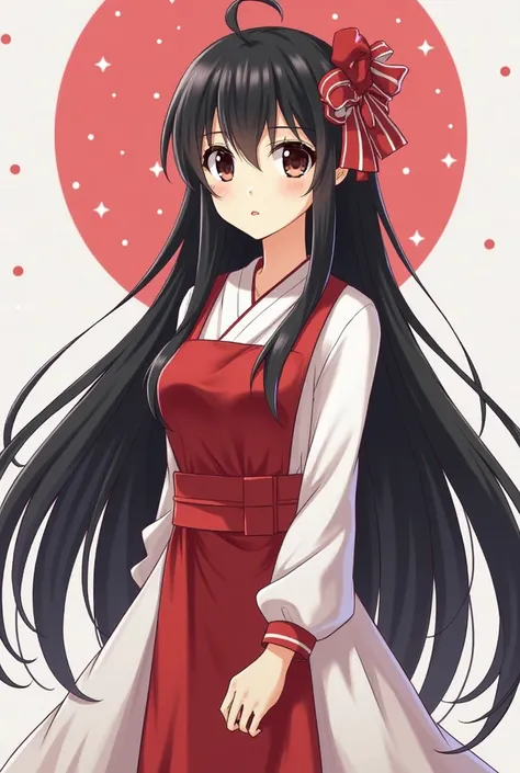 Anime girl with long black hair and red white dress,  an anime drawing by Jin Homura  , PIXIV, shin hanga, attractive matoi ryuko,  anime picture of a cute girl , gapmoe Yandere, Moe anime style, hestia , ryuko matoi, Yandere, Yuyushiki, Ayaka Genshin Impa...