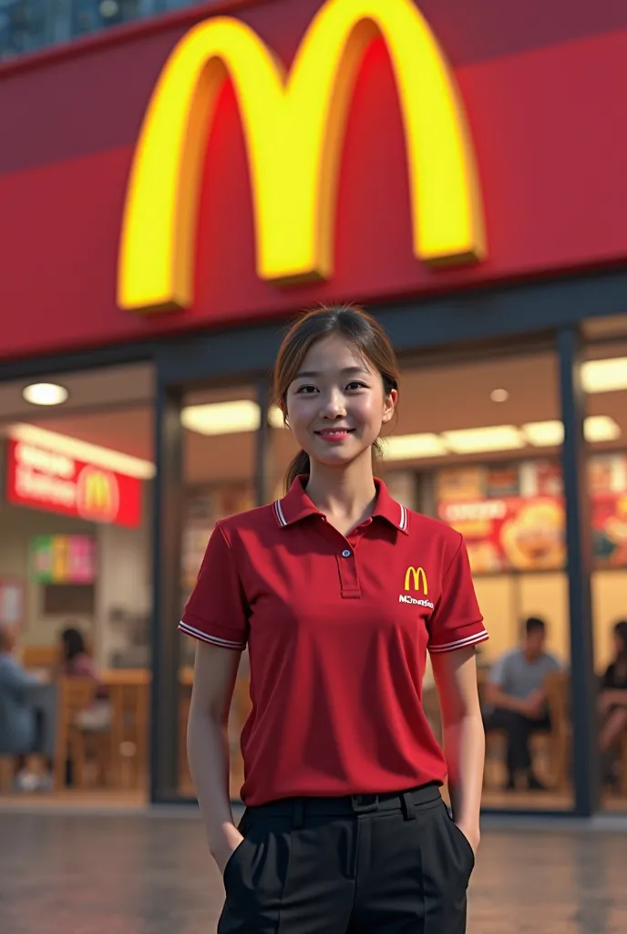 Create a McDonald's employee in front of the store façade