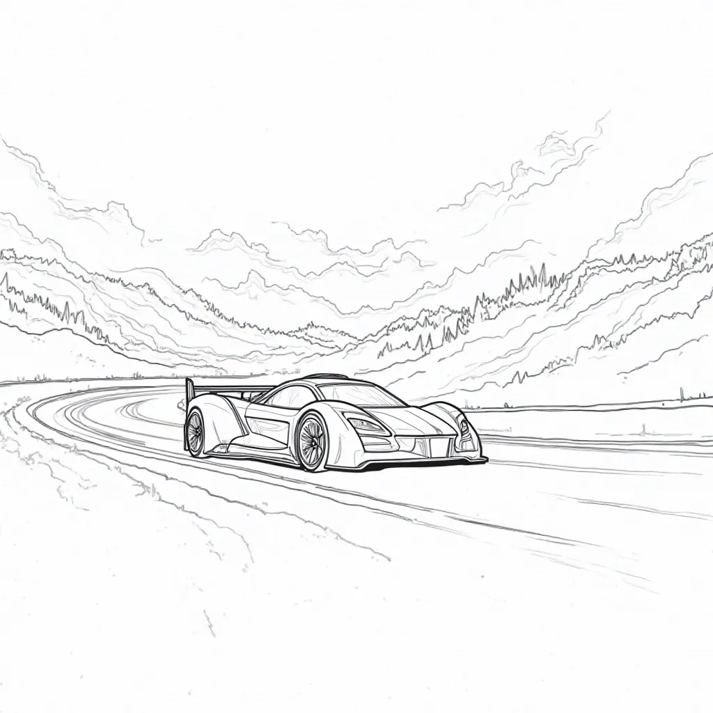 Create a high-quality, black-and-white outline illustration of a Apollo Intensa Emozione cruising on a scenic highway. The car should be depicted in a dynamic angle with detailed contours, smooth curves, and sharp edges, ensuring it looks realistic and bol...