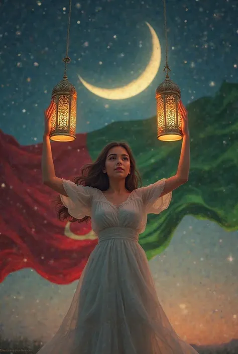 ren carrying Ramadan lanterns with a background that suggests the Ramadan moon and the flag of Algeria 