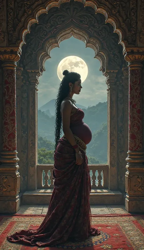 Ancient hindu queen with big breasts and thick body, thinking about something near a window of an ancient hindu palace,gazing at the full moon. 