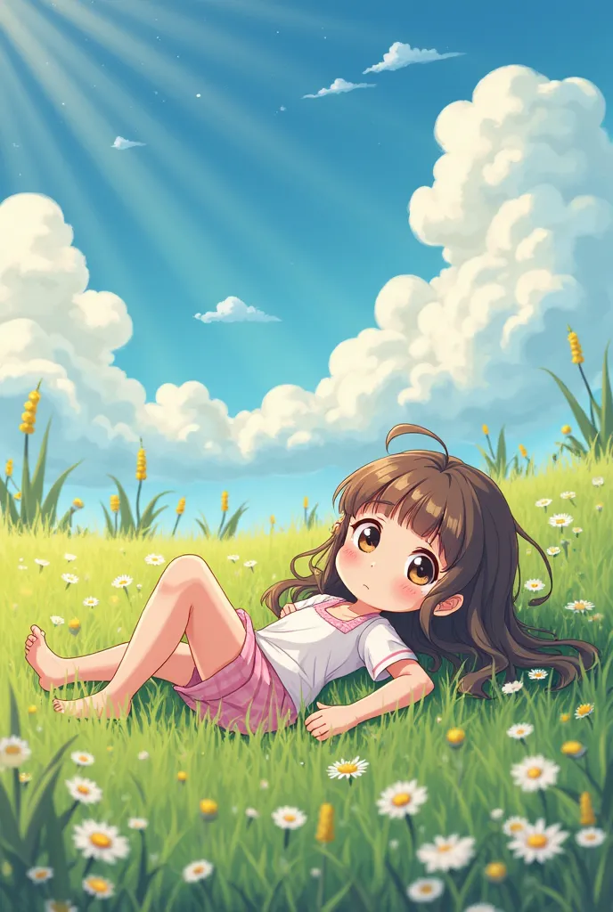 Draw cute girl which lay in green meadow , sunny day and flufy clouds in background , draw in japanese anime style