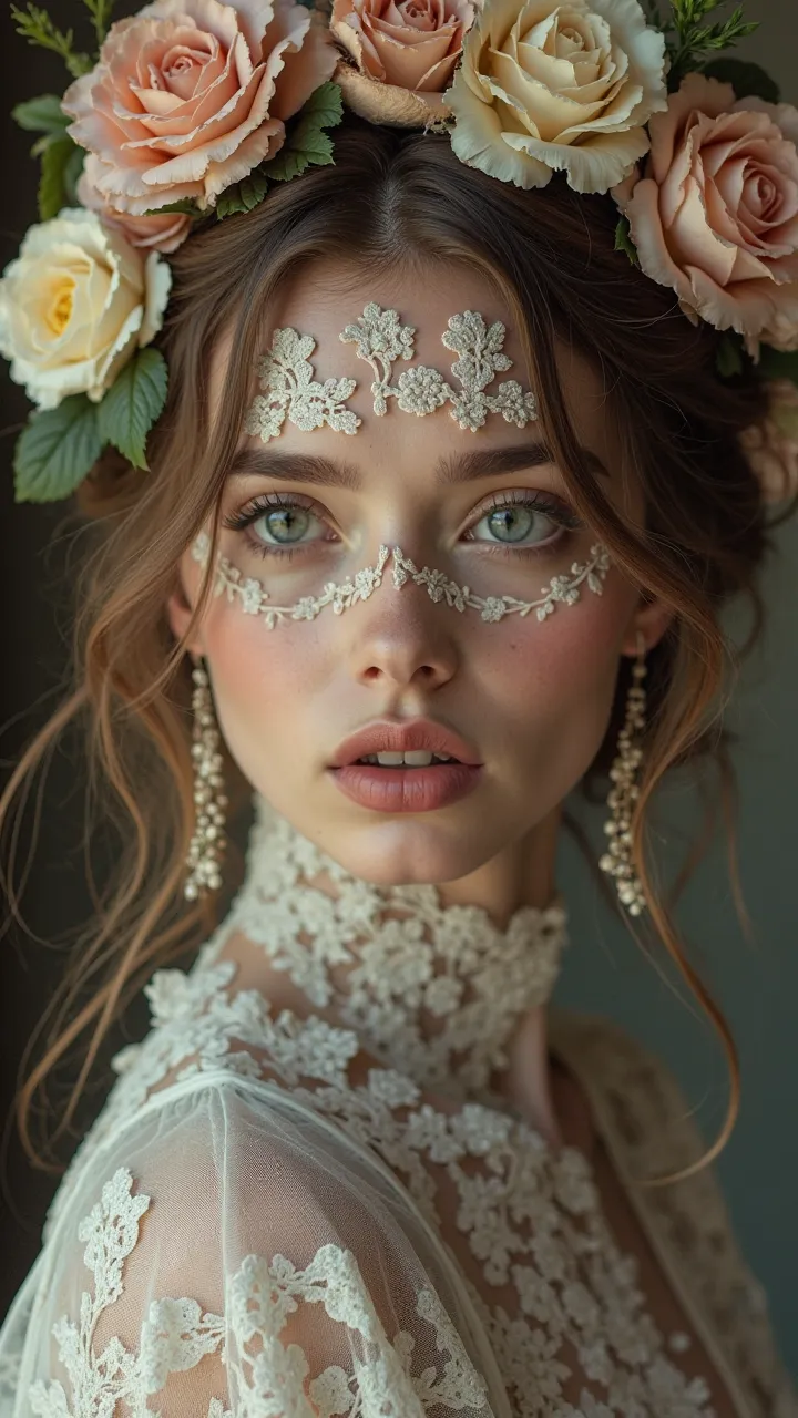 a woman with a face adorned with lace and lace flowers,elegant portrait,cinematic lighting,intricate lace details,soft skin,piercing eyes,delicate porcelain flowercrown,baroque style,oil painting,masterpiece,8K,HDR,ultra-detailed,vivid colors,photorealisti...