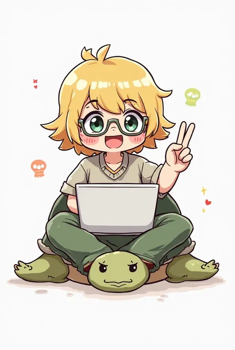 Draw Lufy from one peace happy,  with reading glasses, Doing the sign of love and peace with your right hand, working with a laptop and sitting cross-legged on a turtle with a friendly face and in anime style with a white background 