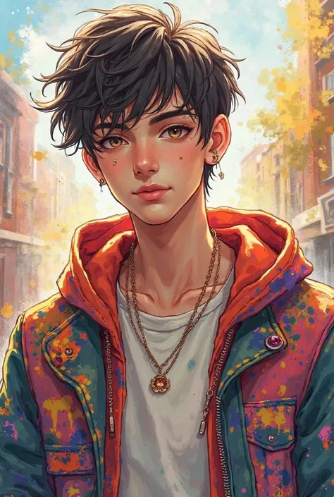 Male, hoodie, cropped shirt, fashionable, short hair, piercings, animated, watercolor, school, splashed, realistic, breakfast on pluto inspire, Patricia 'Kitten' Braden inspired, young man, colorful, buttons, mature, human, realistic, normal guy, trans mas...