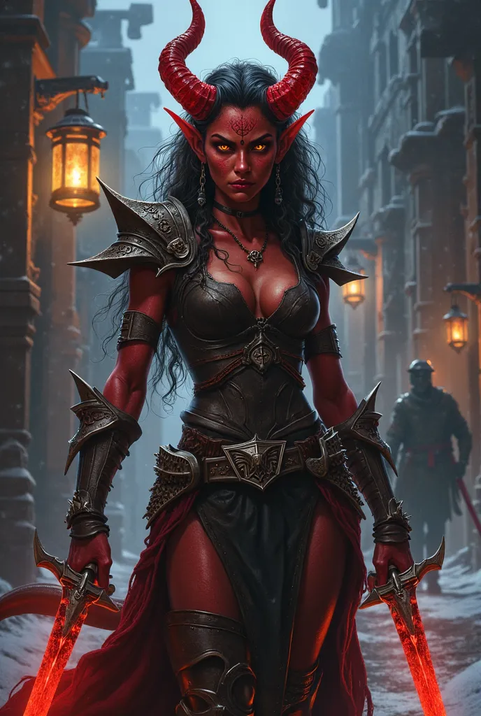 A fierce tiefling Blood Hunter with crimson skin and ember-like golden eyes, her gaze filled with smoldering intensity. Two sharp, curved horns sweep back from her forehead, etched with ancient runes that flicker with infernal fire. A deep scar runs over h...