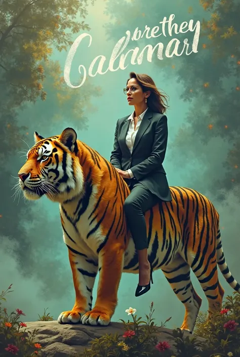 Create an image with Leila Pereira president of Palmeiras riding on top of a tiger with the phrase "Are they calmer" Above her